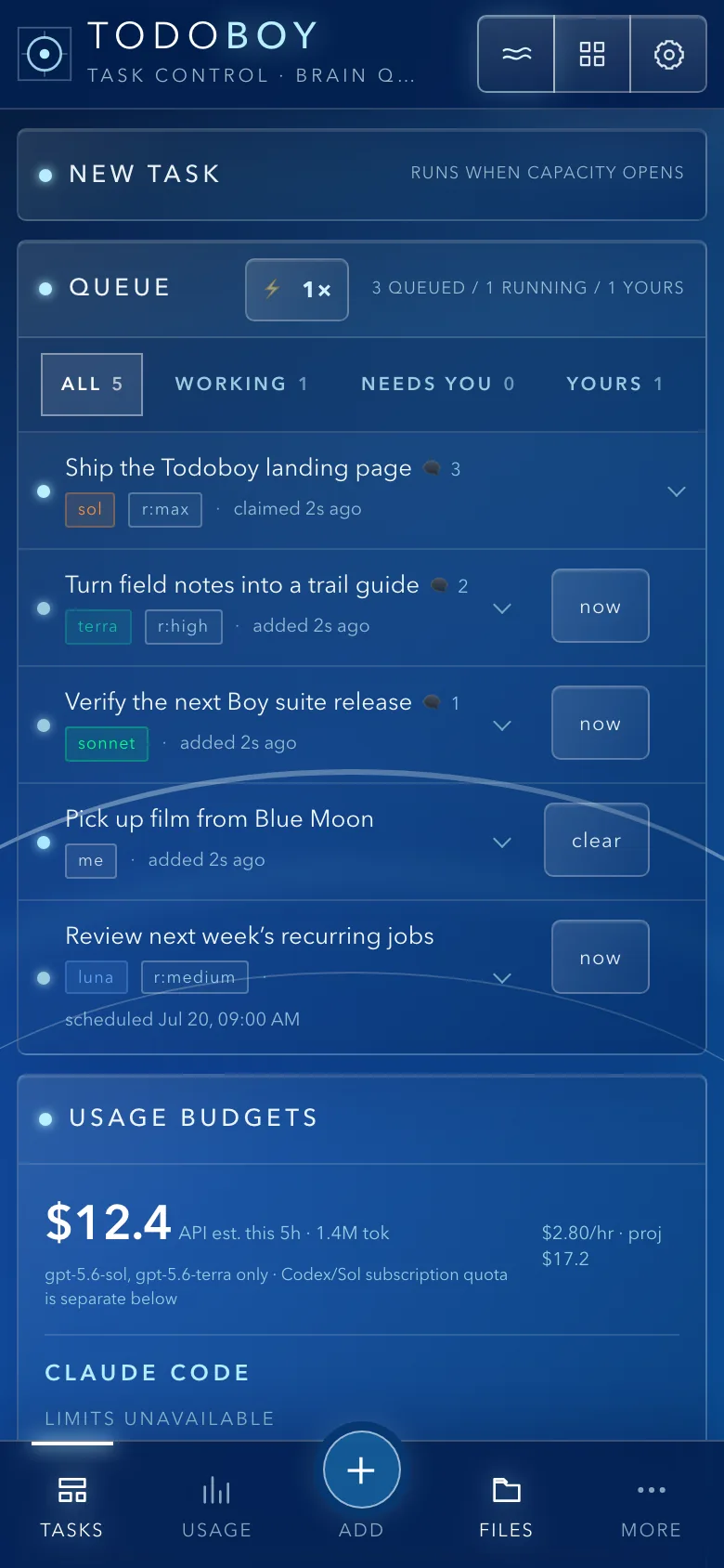 The Todoboy queue on a phone with five dummy tasks and the mobile navigation bar