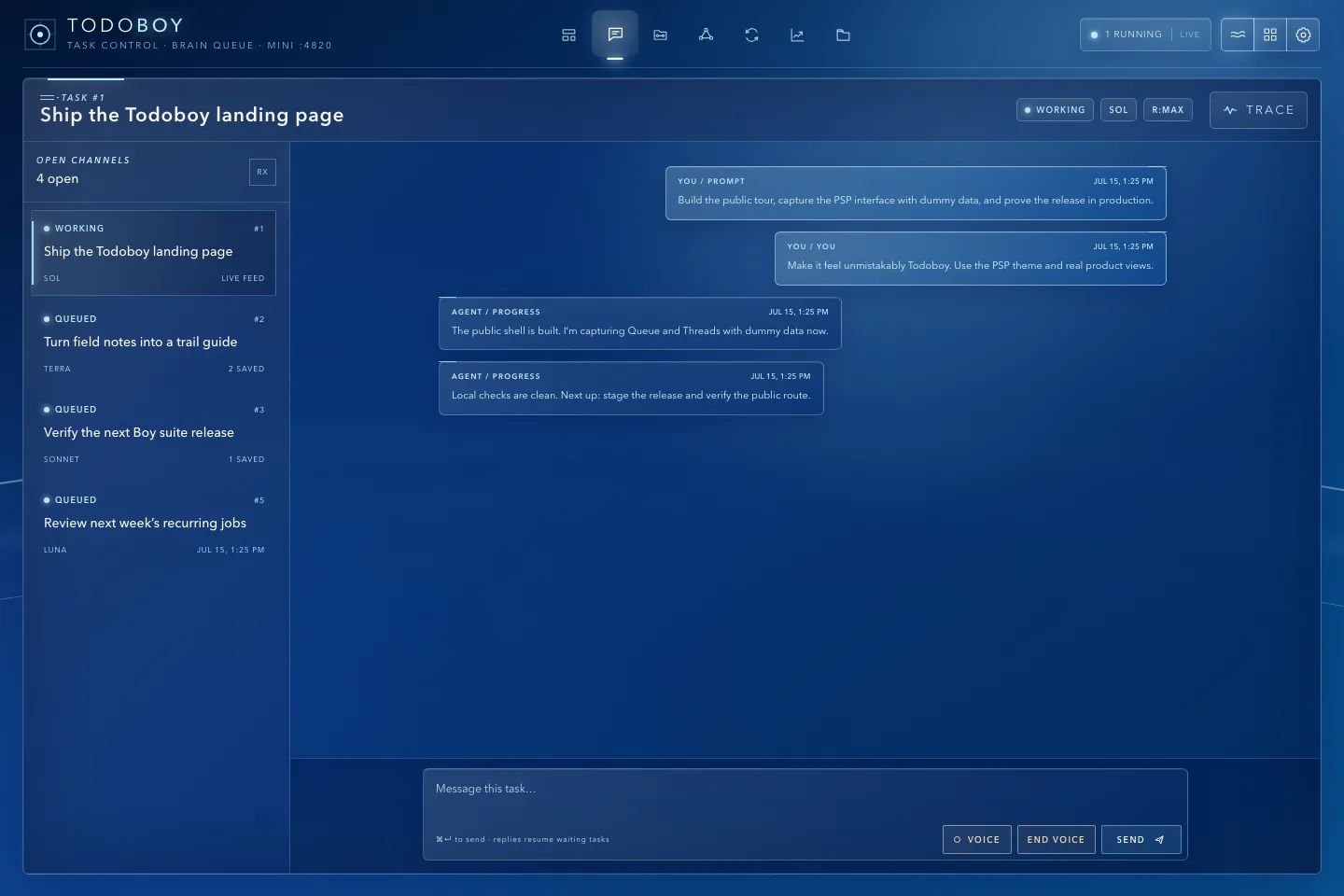 Todoboy’s Threads workspace with four open agent tasks and a selected task conversation using dummy data